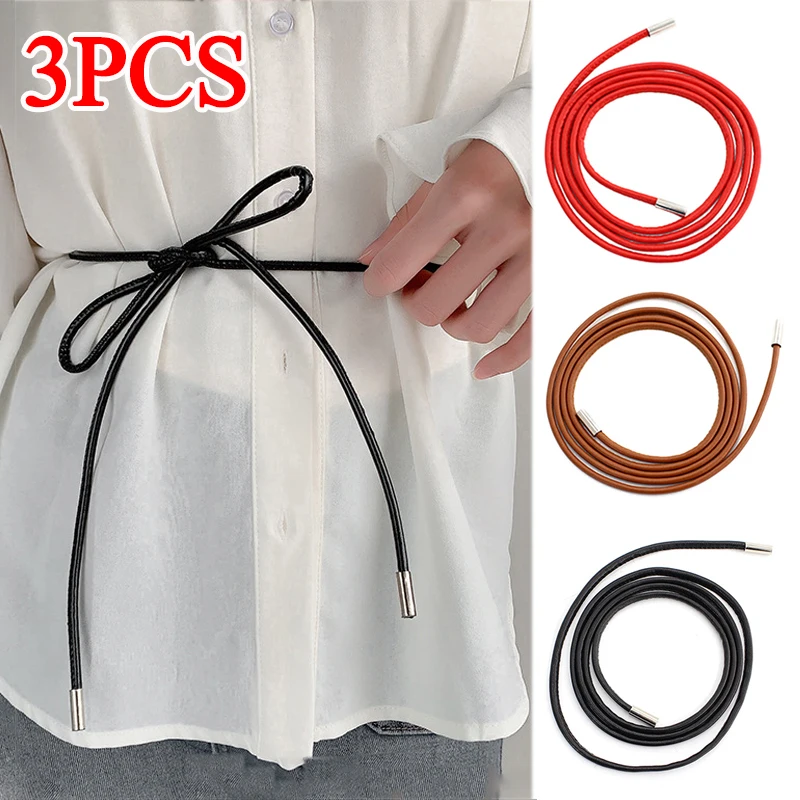 

3PCS Faux Leather Slim Long Waist Belts For Women Dresses Coat String Waistband Knotted Waist Belt Waist Rope Thin Waist Chain