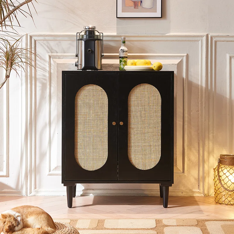 

Rattan solid wood dining side cabinet Japanese black restaurant small apartment large capacity storage double door cabinet