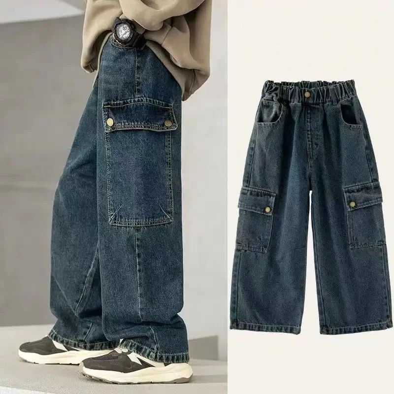 American Retro Distressed Children Jeans Boys Girls Universal Overalls Middle Large Child Spring Autumn Straight Wide-leg Pants