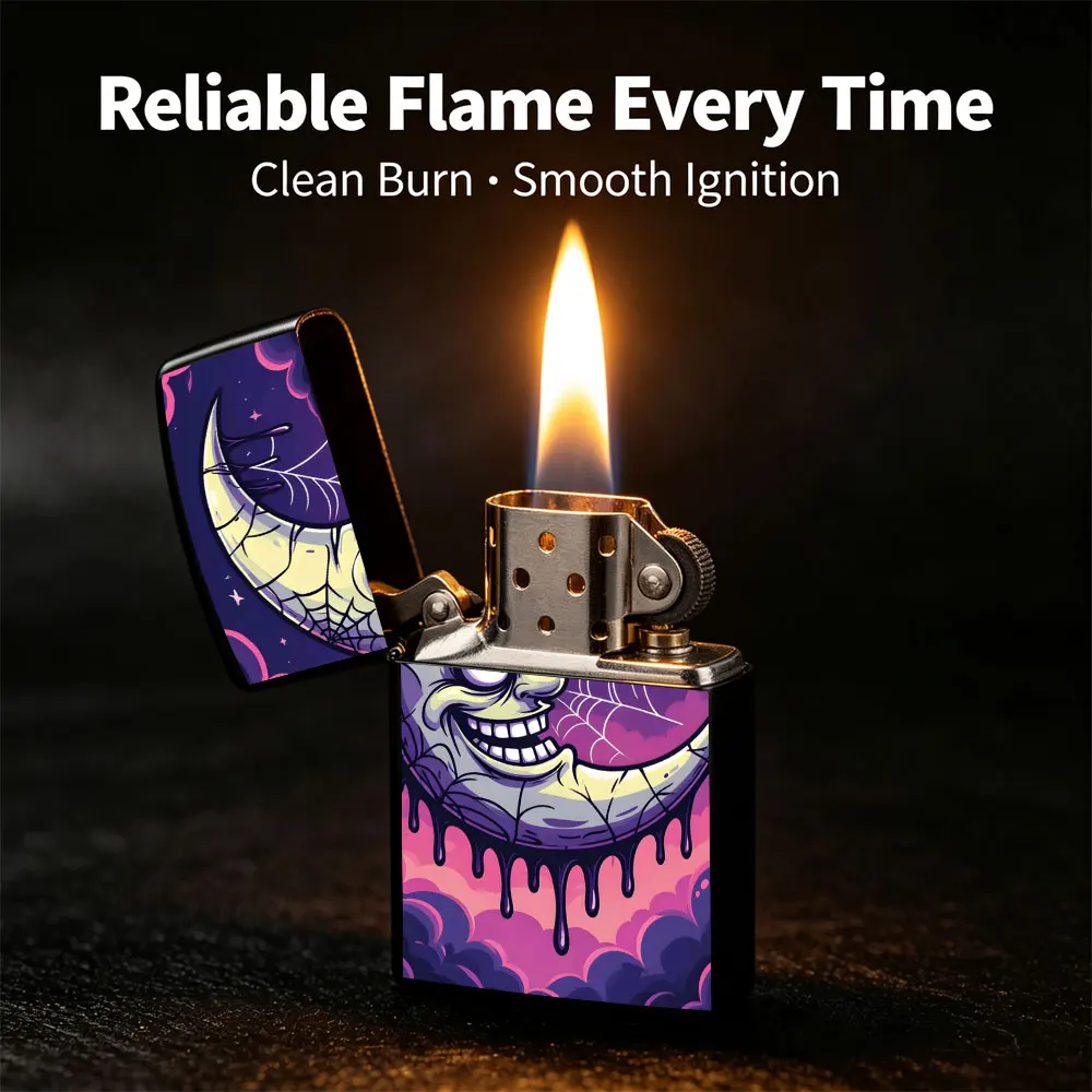 Pocket Lighter, Flip Top, Cartoon Moon with Dripping Blood & Creepy Face, Metal Case, Windproof Flame, Comfortable Grip, Portable & Durable