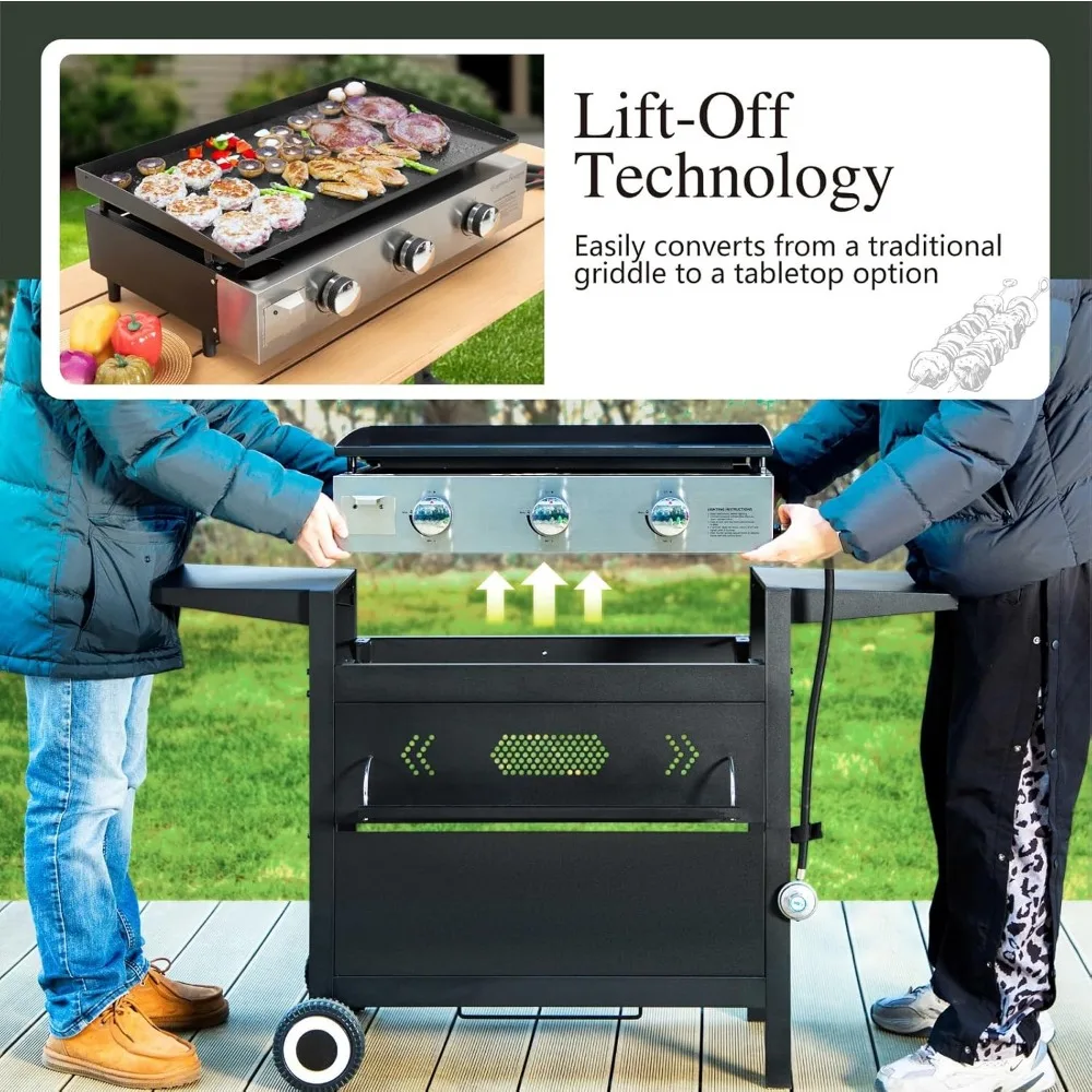 27-Inch Flat Top Grill with Ceramic Coated Cast Iron Griddle, 3-Burner Propane Gas BBQ Griddle, Portable Outdoor Barbecue Grill