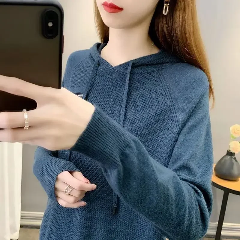 Women Korean Appliques Casual Streetwear Hooded Knitted Sweaters Female Trendy Solid Long Sleeve Loose Pullover Tops Y2K Jumpers