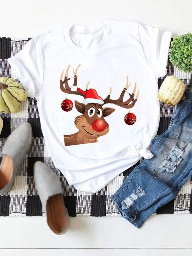 Cartoon Deer Cute 90s Clothes Top Print Short Sleeve Tees T Shirt Christmas Women New Year Fashion Basic Graphic T-shirts