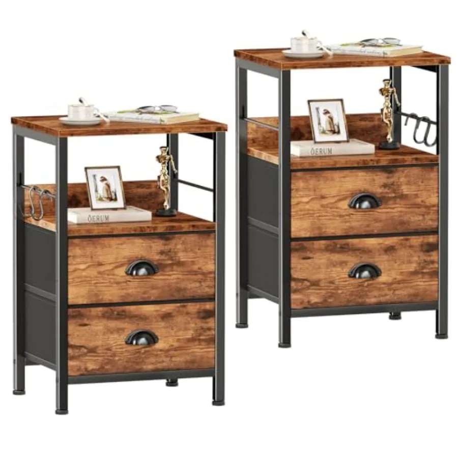 

Night Stand Set of 2 Nightstand with 2 Fabric Drawers Bed Side Table with Open Shelf Wooden Top Hooks Backboard Design End Tabl