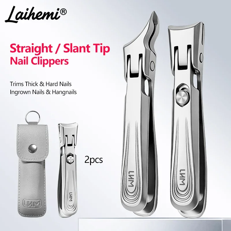 Laihemi Stainless Steel Nail Clippers, Straight & Angled 2 Styles, Trims Thick Hard and Ingrown Nails, Portable Nail Care Tool