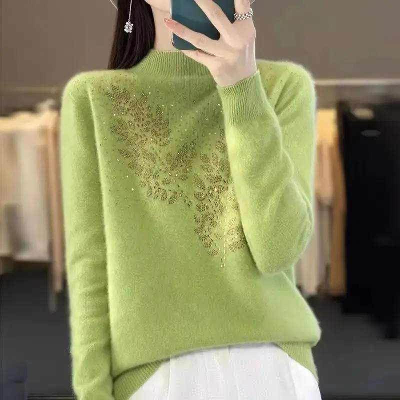 

Leaves Rhinestone Sweater Female 2026 Autumn Winter Temperament Coat Thicken Velvet Pullover Semi-high Neck Women's Knitwear Top