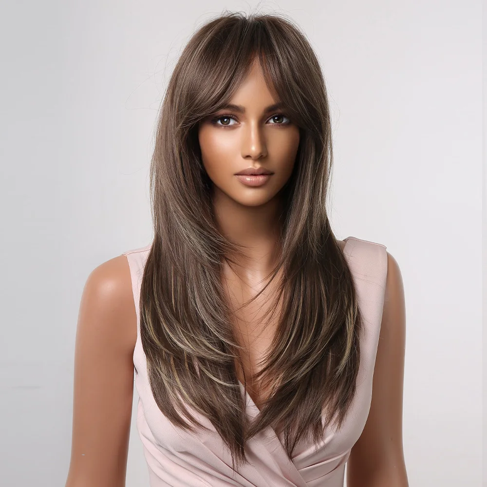 ALAN EATON Long Straight Layered Synthetic Wigs with Bangs Blonde Highlights on Brown Wigs for Black Women Afro Daily Party Hair