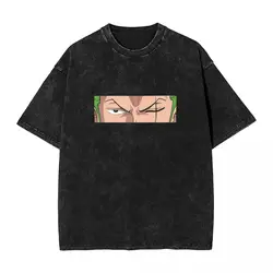 Vintage Washed T Shirt Roronoa Zoro Eyes Typo Casual T-Shirts Anime Print Novelty Tshirt for Women Summer Y2K Classic Top Tees