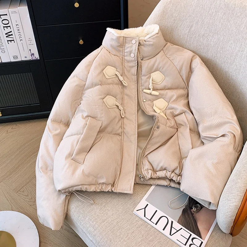 

Women's Winter Thickened Cotton Jacket Korean Style Loose Bread Style Stand Collar Warm Outerwear with Zipper Long Sleeve