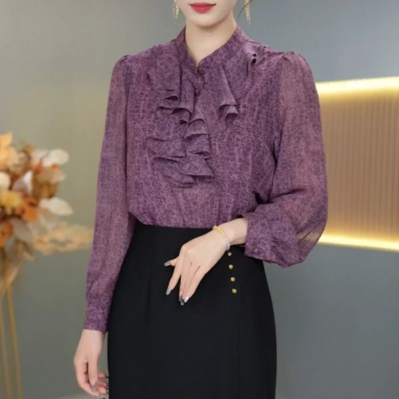 2025 Purple Floral Light Luxury Women's Shirt High-end Temperament Fashionable Chiffon Top