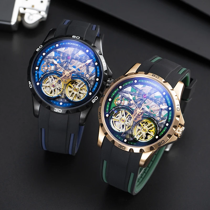 

RONMAR Fully Automatic Mechanical Men's Watches Luxury Watch For Men 3D Hollowed Double Flywheel Tourbillon Watches Business8826