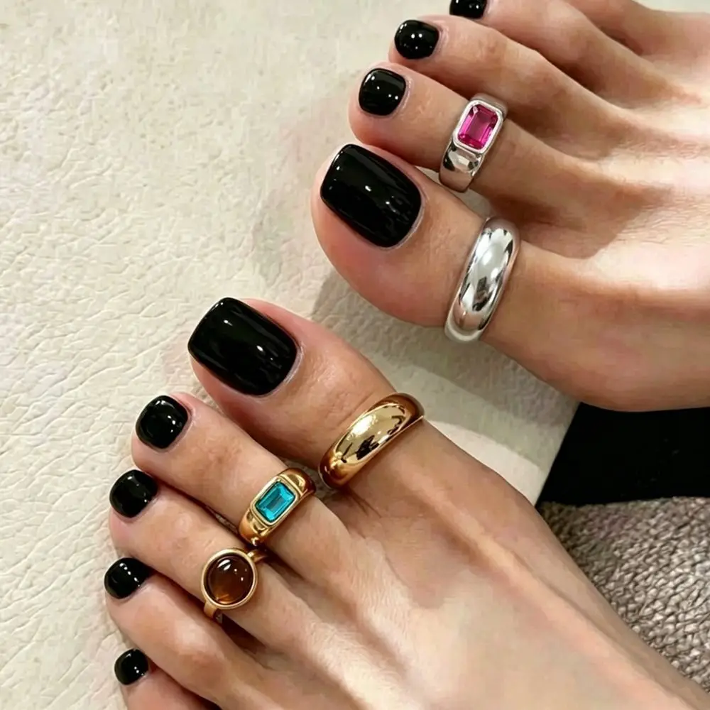 Personality Geometric Foot Ring Set Round Gemstone Toe Rings Gold Punk Style Beach Foot Jewelry Women view 2