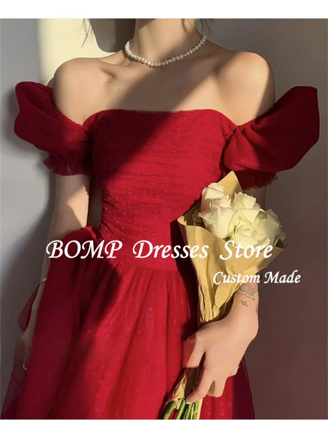 BOMP-vestido de fiesta rojo con cuello cuadrado, corte en A, personalizado, vestidos de noche de boda, vestido Formal, vestido de fiesta elegante, vestidos de noche