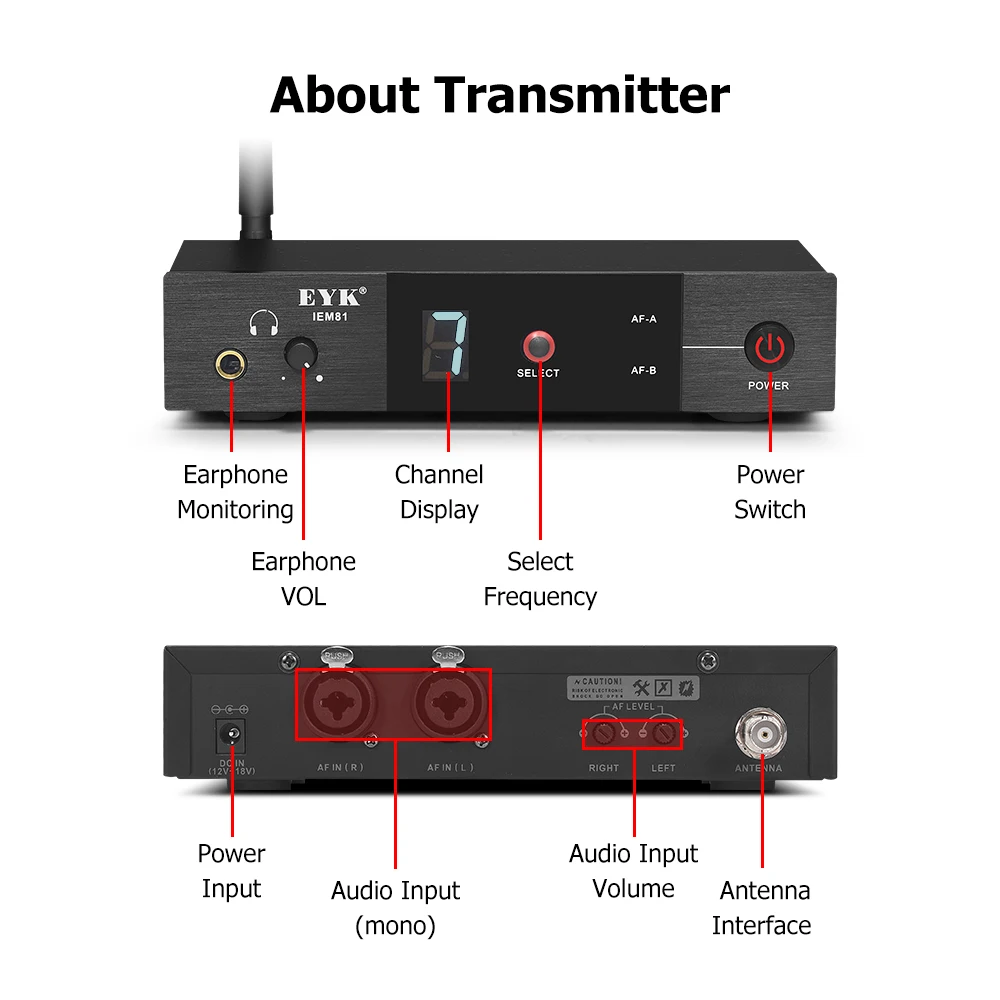 EYK IEM81 UHF Wireless In Ear Monitor System Single Channel 16 Frequencies Selecable Perfect for Singer Stage Performance DJ