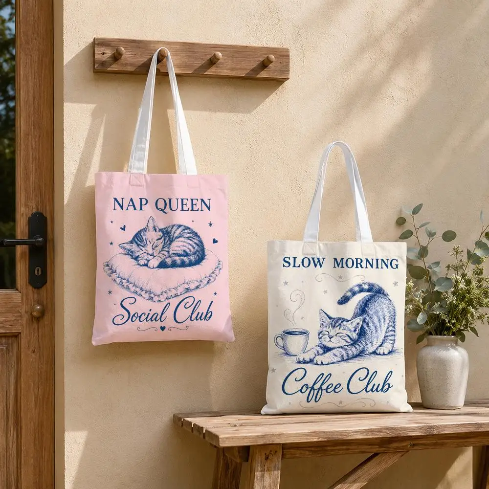 Always Tired Social Club Cat Storage Bags Tote Bag Reusable Shoulder Shopping Foldable For School Work Travel Daily Use