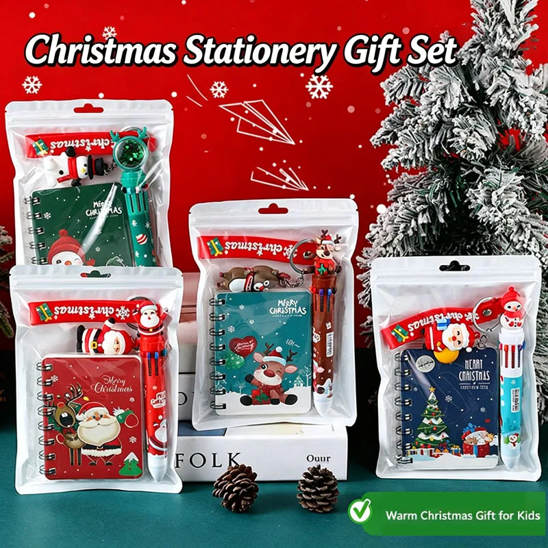 Christmas Stationery Set 3-in-1 Notebook Gel Pen Keychain Festive Santa Snowflake Design School Supplies Gift for Kids Children