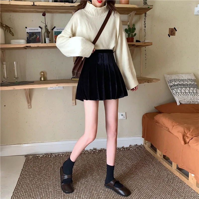 Gold Velvet Black Short Skirt Female Autumn and Winter Wear 2022 New High Waist Skirt All-match A-line Pleated Skirt