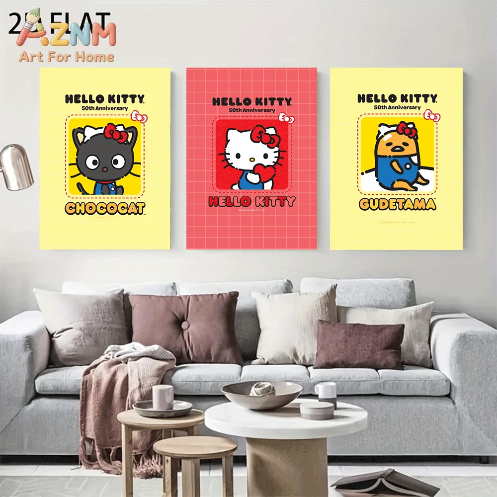 AZNM Sanrio Hello Kitty 50th Anniversary Canvas Wall Art Unframed Cute Cartoon Print Poster Chococat Hello Kitty Gudetama Grid B