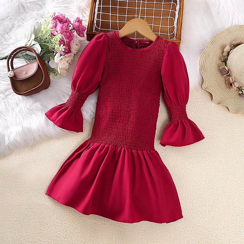 Girls 4‑7Y Spring Autumn Daily Dress Smocked Bodice Puff Bell Long Sleeve Round Neck Ruffle Hem A‑Line Kids Dress