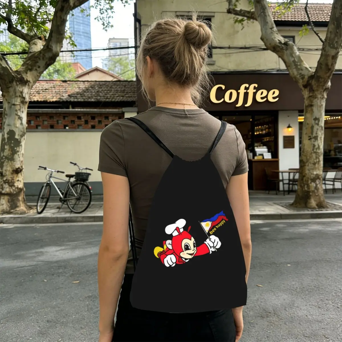 JOLLIBEE BEE HAPPY PHILIPPINE FLAG STICKER Backpacks Portable Drawstring Bags Sundries Bag Book Bags for Travel Students