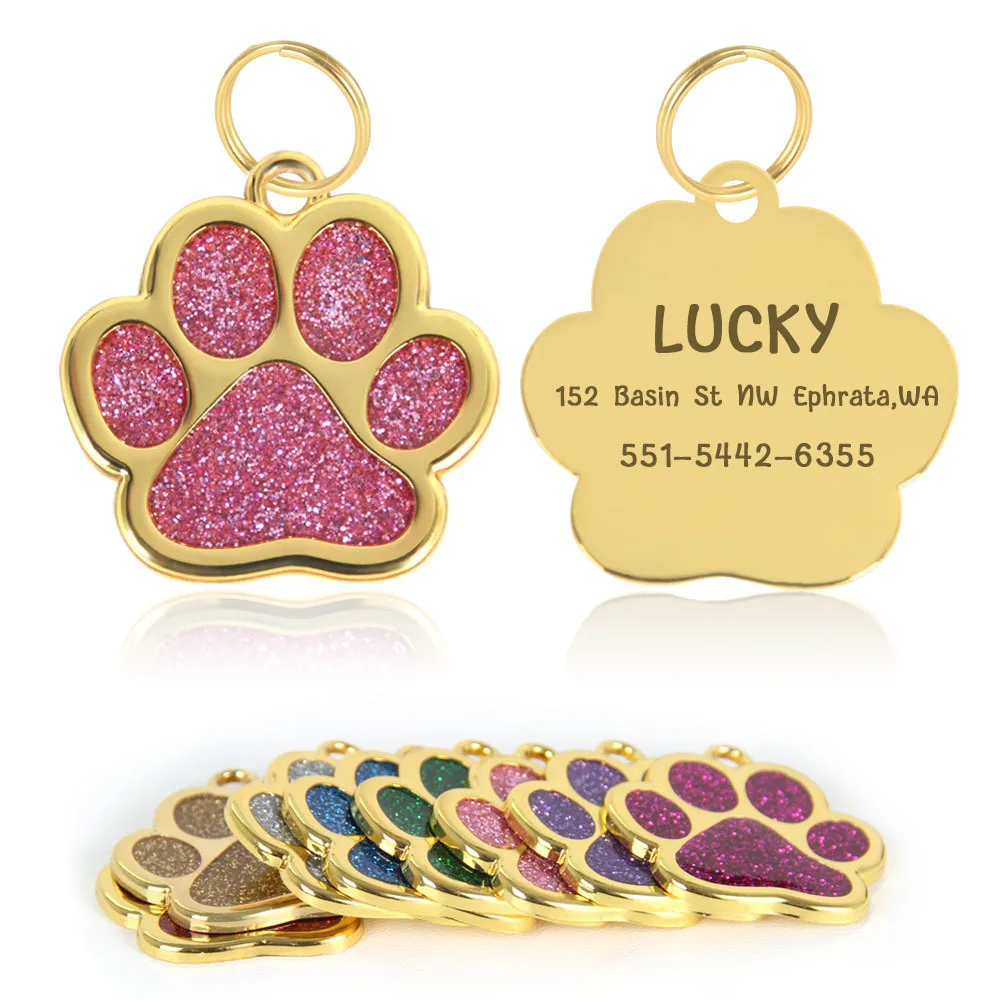 

Personalized Collar Pet ID Tag Custom Free Engraved Cat Dog Puppy Name Necklace Gold Paw Glitter Pendant Pet Accessories 3CM