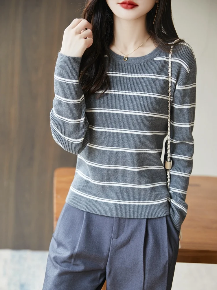 

Женская утепленная трикотажная базовая рубашка из чистого хлопка с длинным рукавом, в полоску, комфортная, теплая, для ношения под одеждой, свитер-базовая рубашка