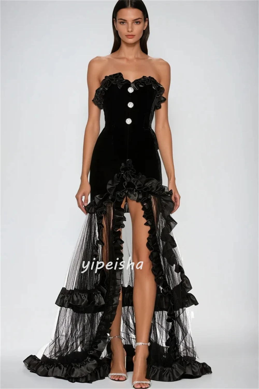 فساتين طويلة مخصصة على الطراز الحديث من القطيفة بحجر الراين مكشكشة على شكل حرف a بدون حمالات فساتين مناسبة مخصصة بجودة عالية #3