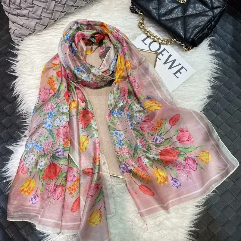 

Lightweight Large 100% Mulberry Silk Scarf for Women Oblong Shawl Neck Scarf Beach Wrap Headscarf Gift Pack Pink Tulip Print