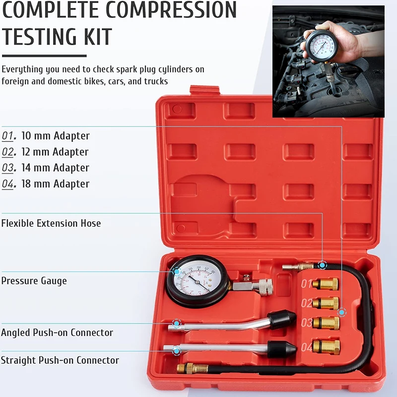 Medidor de pressão de cilindro multifuncional, kit de teste de dupla finalidade, testador de compressão, motor a gasolina, testador de pressão de óleo