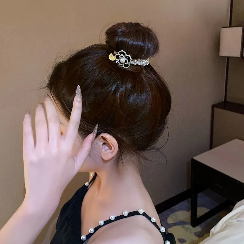 Women Accessories Hair Elegant Rhinestone Flower Hair Pearl Beaded Headwear Elastic Rope Ponytail Hair Handmade