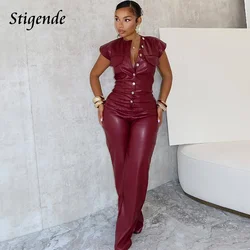Stigende Women Button Up Wide Leg Pu Jumpsuit Sleeveless Stretch Faux Leather Jumpsuit