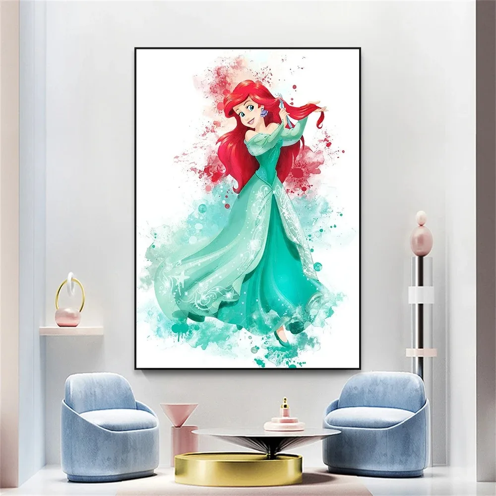 Princess Watercolour Prints Disney Princess Poster Cartoon Wall Decor Little Mermaid Princess Moana Rapunzel Canvas Painting