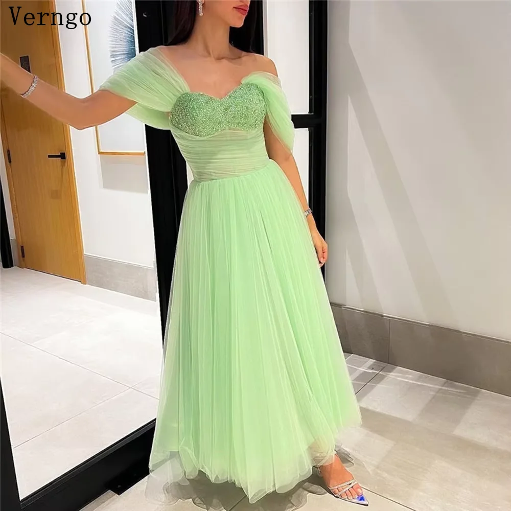 

Verngo Green Tulle Evening Dresses Off The Shoulder A Line Sequined Beading Prom Party Dress Elegant Formal Prom Gowns