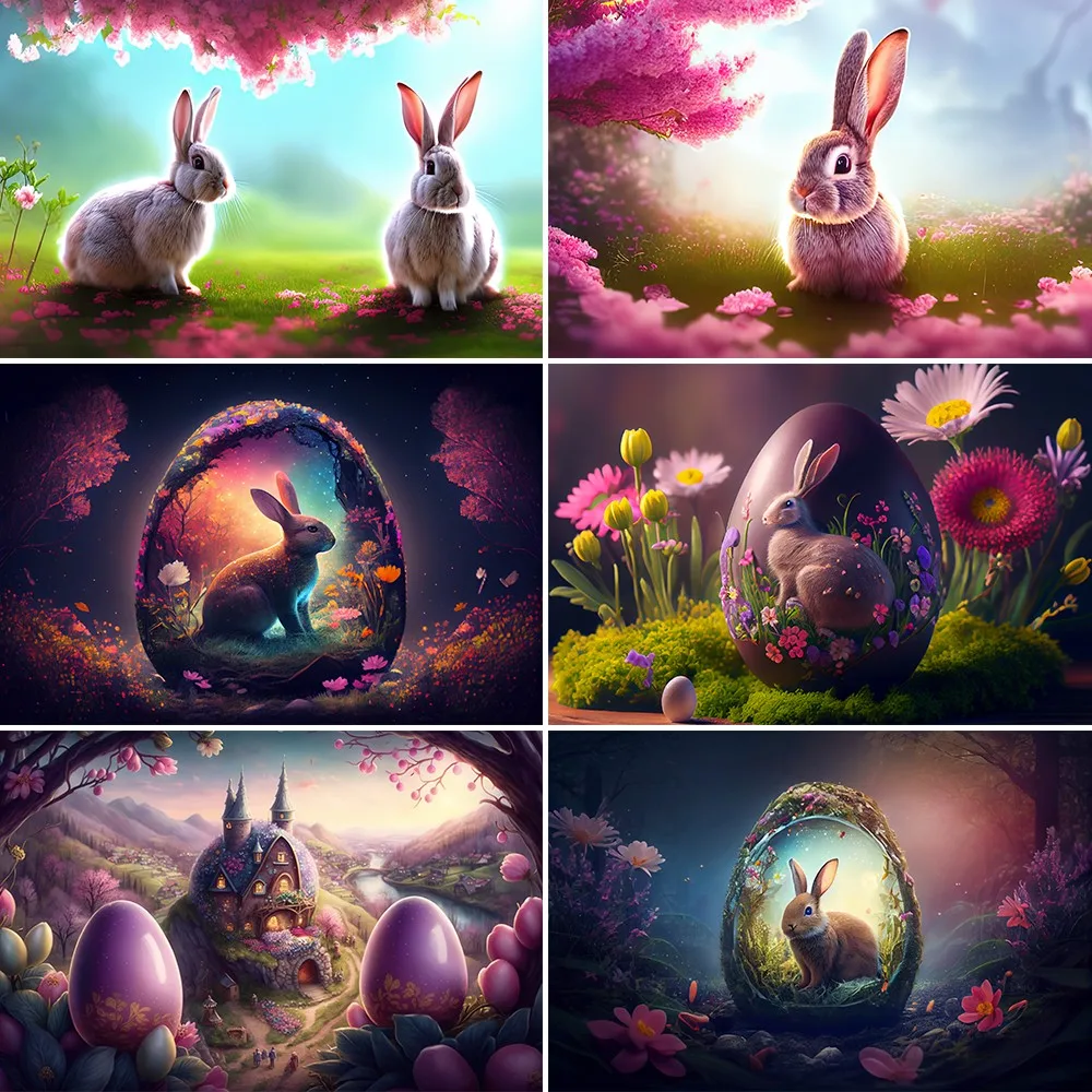 

Bonvvie Easter Backdrop for Photography Bunny Rabbit Meadow Field Eggs Flowers Spring Baby Portrait Background Decoration Poster