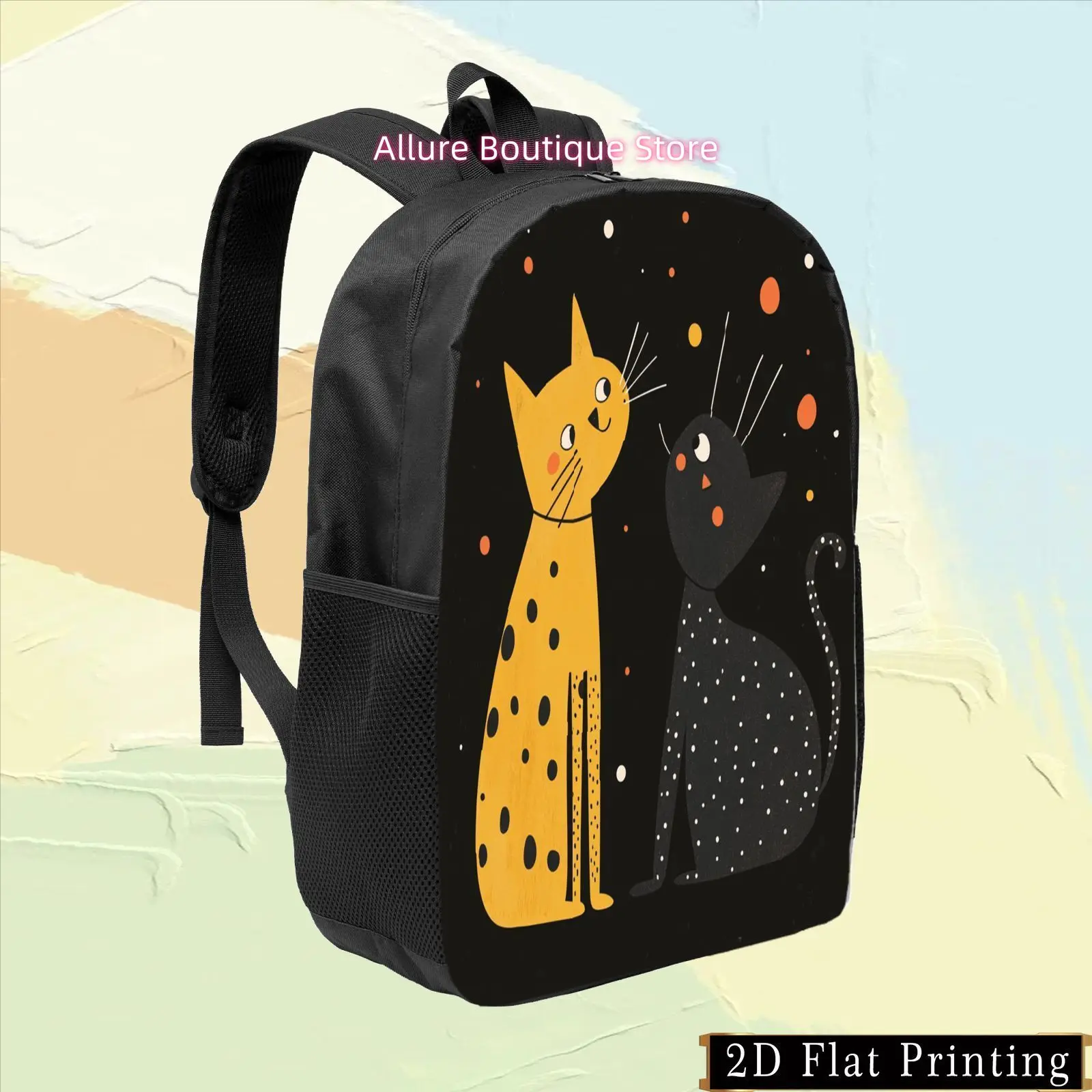 1pc Colorful Single-Sided Printed Student Backpack with Black Cartoon Cat Design, Hand-Wash Print, Zipper Closure Multi-Purpose