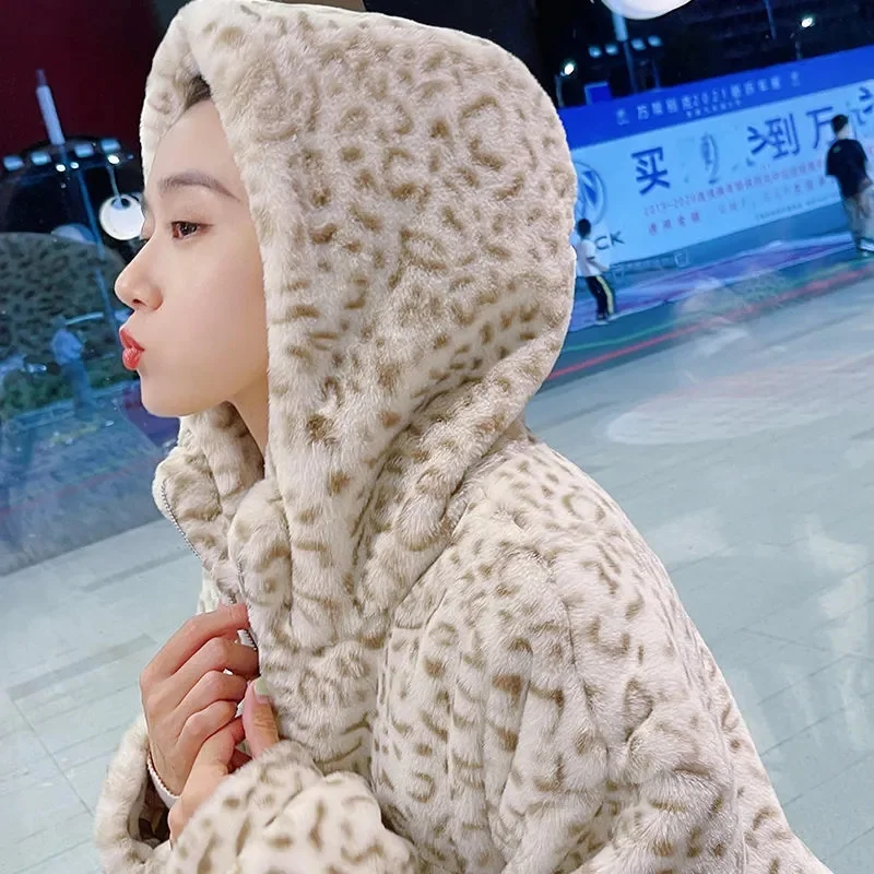 2022 Autumn Winter Faux Mink Fur Coat Women Leopard Print Fur Jacket Hooded Overcoat Young Girl Loose Long Outerwear Warm Tops