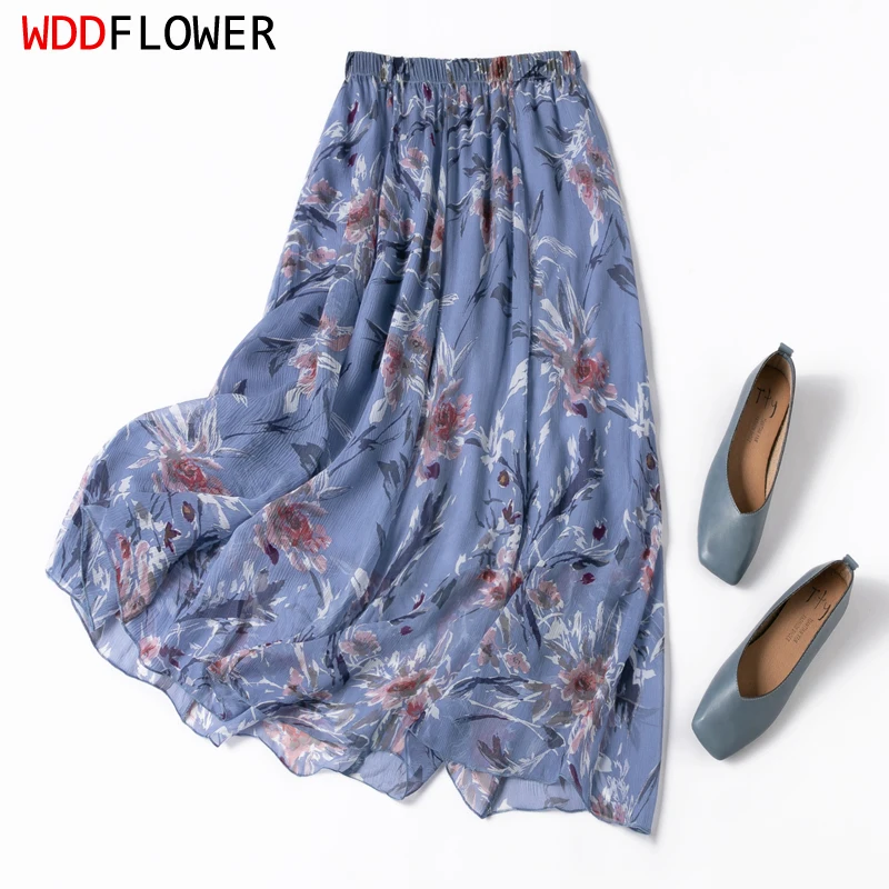 Women Silk Skirt 100% Mulberry Silk Blue Floral Printed Long Type Skirt With Silk Lining Summer Beach Big Hem Office Lady M1449