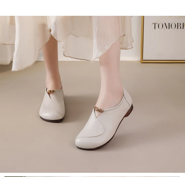 Ethnische V-Ausschnitt Perlenbesetzte Ballerinas Damen Schlichte Vintage Echtleder Mokassins Slip-On Loafer Elegante Alltagsschuhe für Mütter – Detail 5