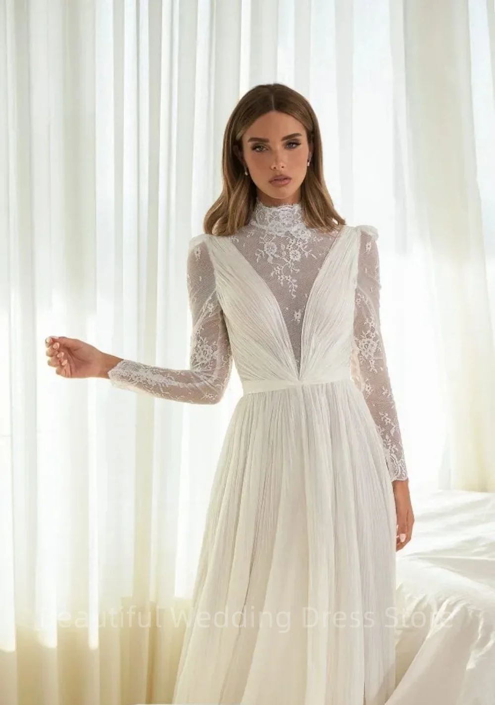 

Graceful High Neck Wedding Dresses Lace Appliqued Long Sleeve Boho Chiffon Country Bridal Gowns Robes Custom De Mariée