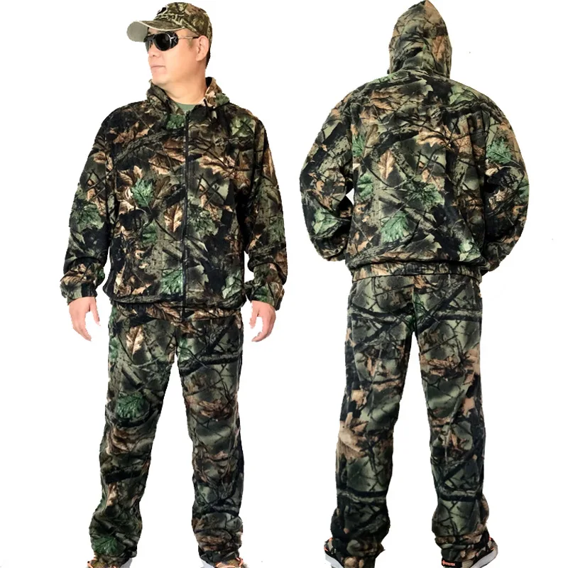 

Spring Autumn Fleece Thermal Hooded Cardigan Leaves Bionic Camouflage Fishing Hunting Suit Wear-resistant Ghillie Suit