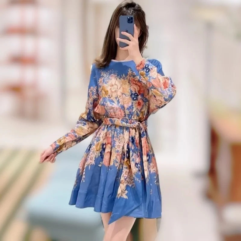 

2024Summer New Australian French Tea Break Linen Printed Long Sleeve round Neck Waist Trimming Lace-up Temperament Dress