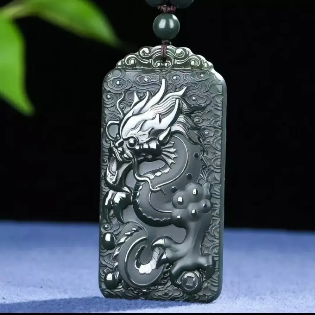 

Hetian Jade Sand Jujube Green Dragon Row World Dragon Brand Handmade Pendant