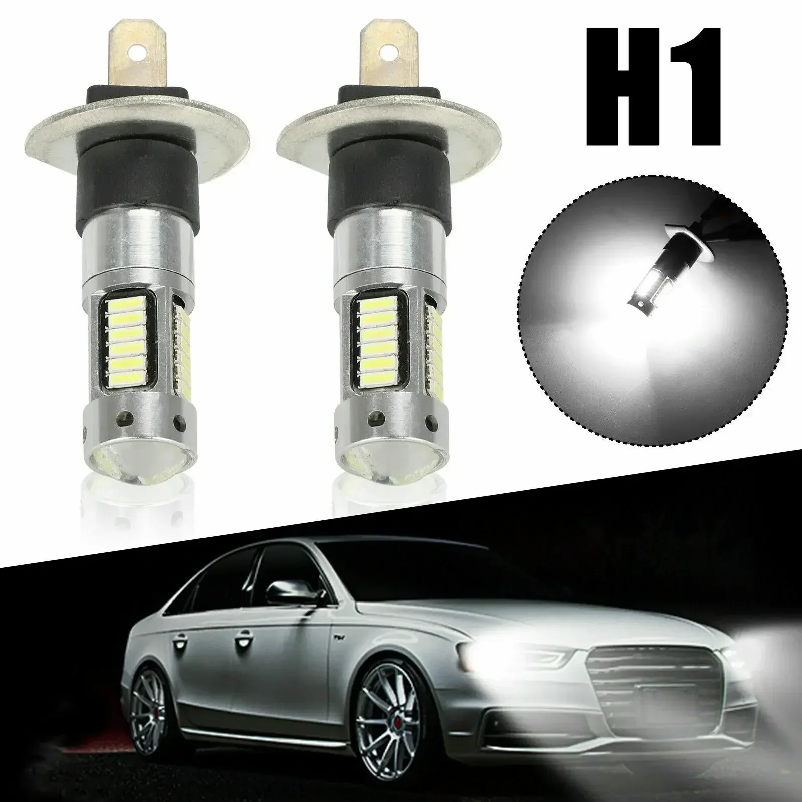 2pcs Car H1 LED Fog Light Lamps Headlights Kits Higher Beam Bulbs HID 6000K Xenon White DRL LED Headlight Bulbs Accessories