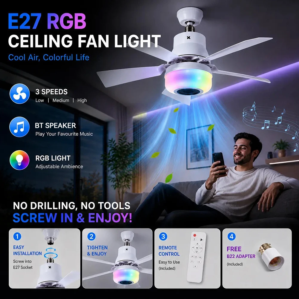 E27 Screw In Ceiling Fan Dimmable LED BT Speaker Ceiling Fan Light Plug Play 3 Color Temperatures Lighting Cooling Fan