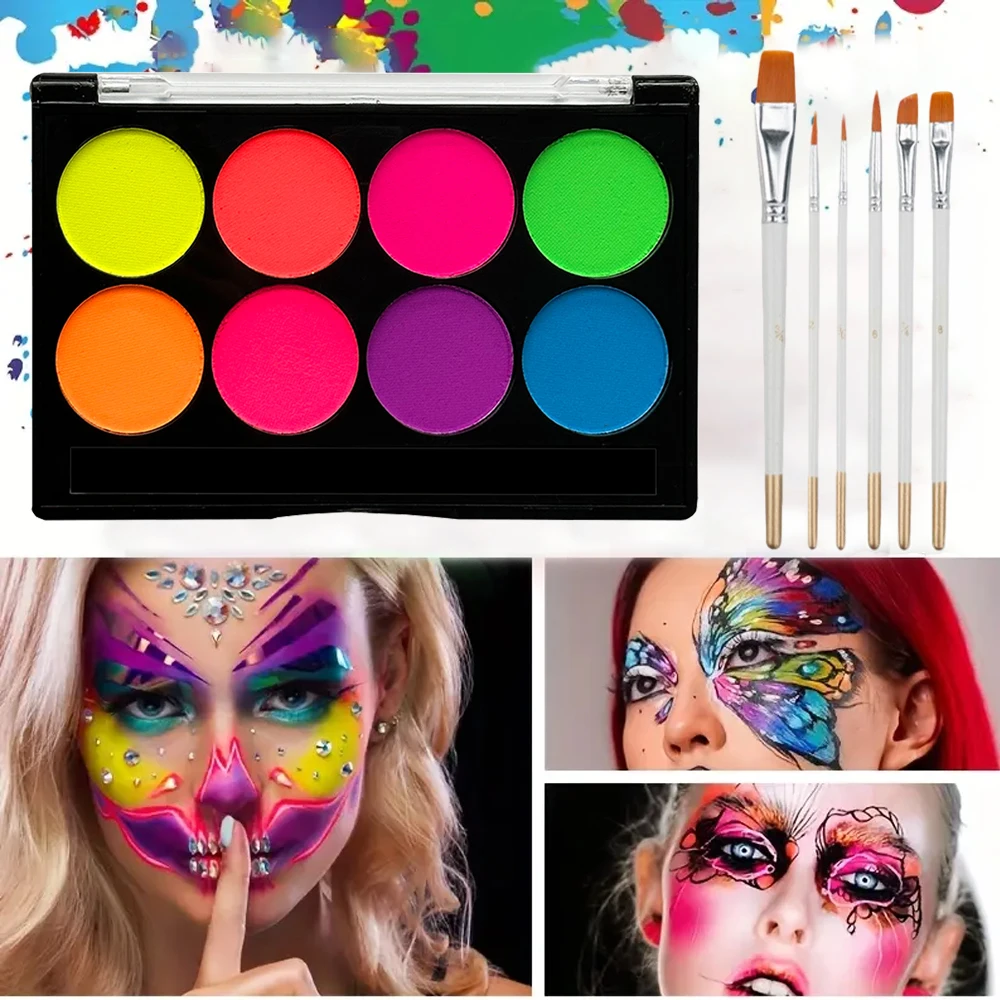 8色水性フェイスペイントキット 蛍光ネオンボディペイント 暗闇で光る 速乾性 ボディスキンコスプレメイク ステンシルとブラシ付き