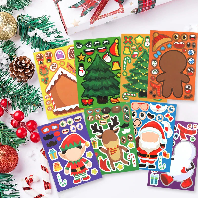 8 Sheets Christmas Puzzle Stickers Create Your Own Santa Claus DIY Make-a-Face Kids Jigsaw Games Xmas Party Decor Kids Gift Toys