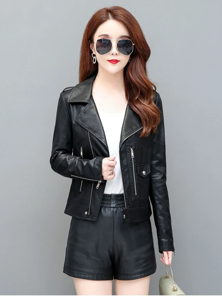 الخريف الشتاء المرأة فو بولي معطف معطف جلد سيدة عادية الأحمر دراجة نارية سترة خمر التلبيب قصيرة السائق سترة