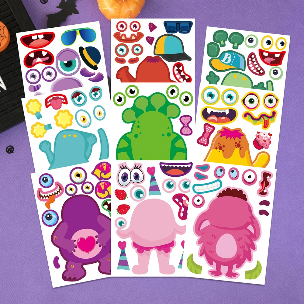 9/18Sheets Children DIY Monster Puzzle Stickers Game Make a Face Funny Assemble Jigsaw Kids Educational Toys Theme Party Gifts