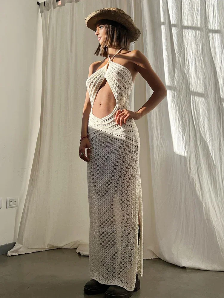 Sexy Knit White Low-cut Halter Neck Cut Out Slit Beach Maxi Dress 2025 Women Summer Holiday Chic Beachwear Swimsuit Cover Up K80