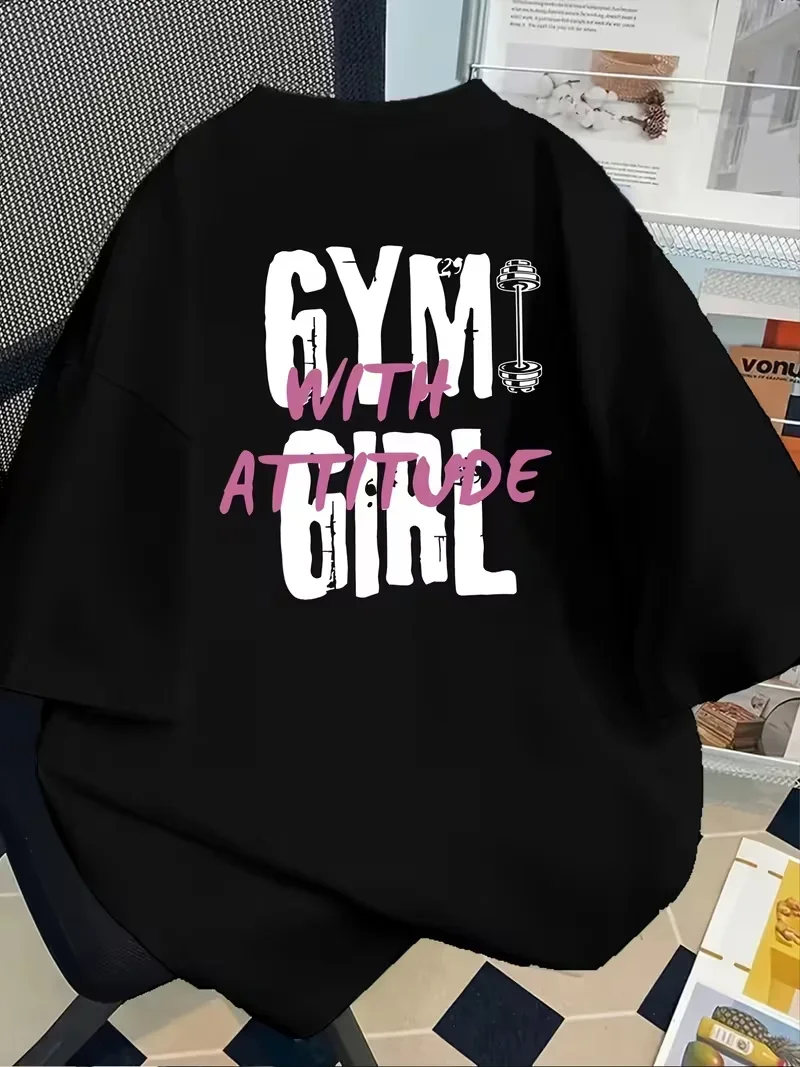 Men Women'S Gym with Attitude Graphic Tee Black Casual T-Shirt with Pink White Letter Print Short Sleeve Round Neck Streetwear